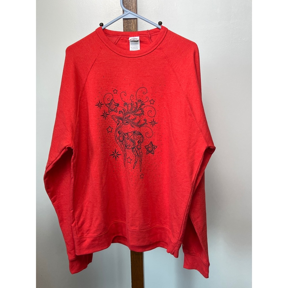 Delta Fleece Red Reindeer Graphic Raglan Sweatshirt Women 2XL Christmas Pullover